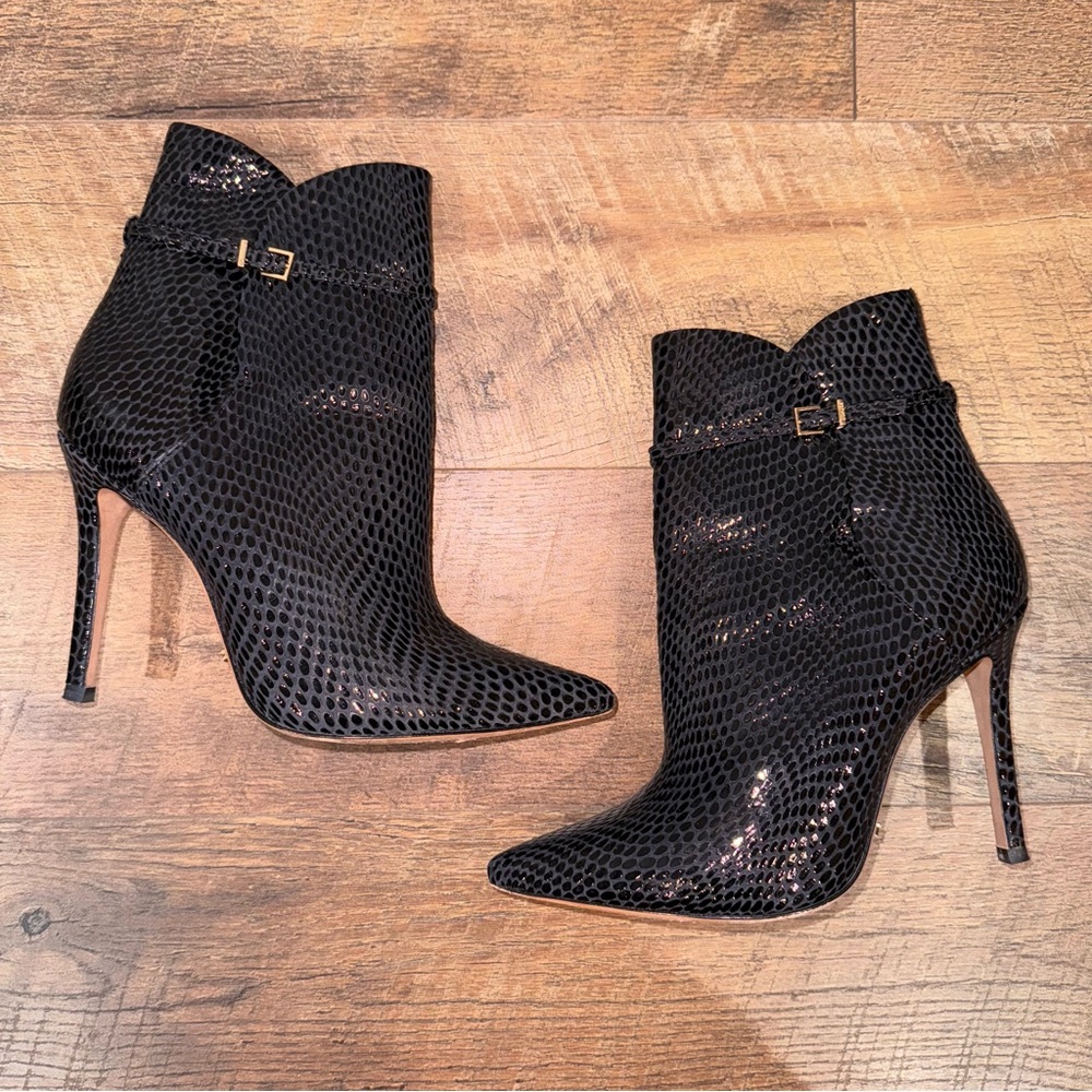 Schutz Bette Heeled Ankle Booties Croc Elegant Black Stiletto Ankle Boots